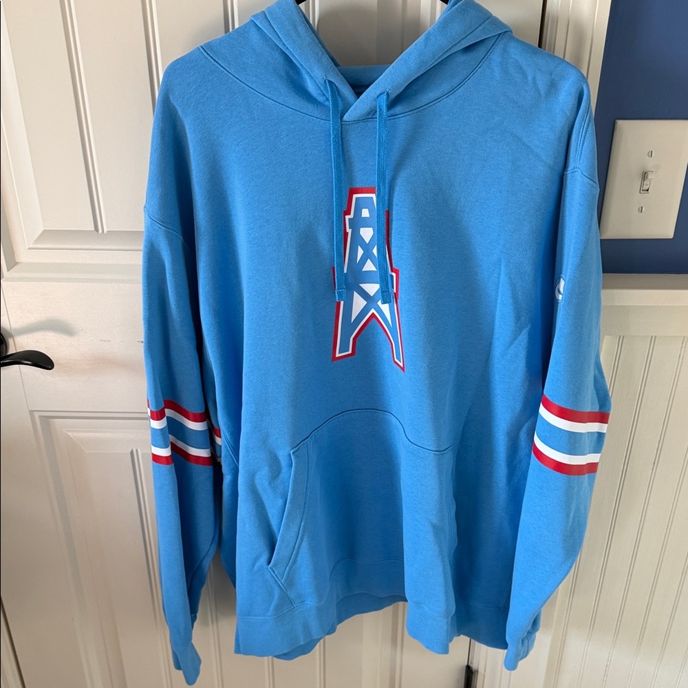 Light Blue Oilers Hooded Pullover Sweatshirt with Striped Sleeves